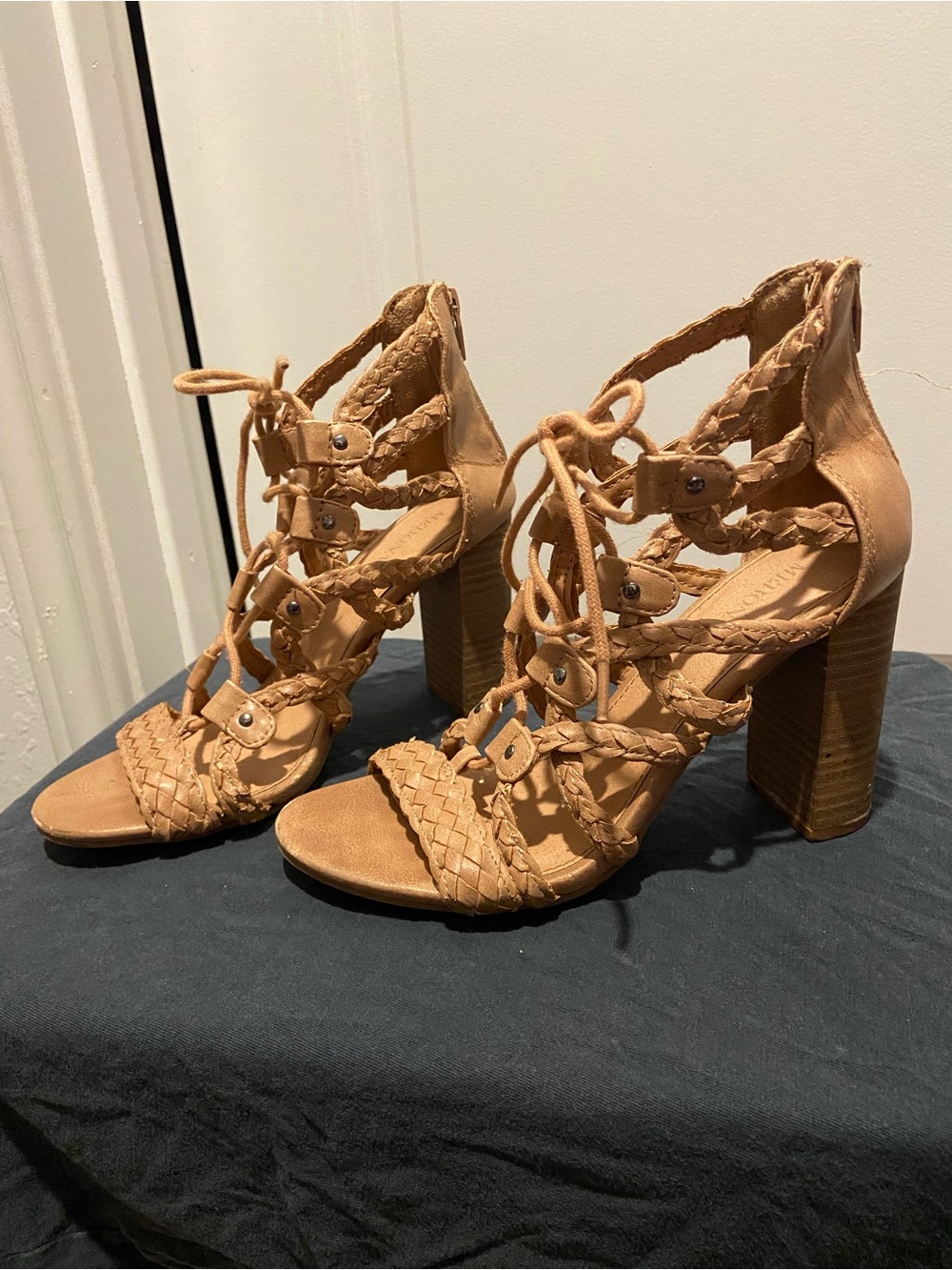 Women’s Tan Braided Lace-Up Block Heel Sandals